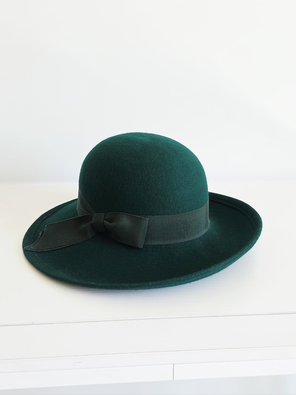 Street Smart Vintage 60's Wide Brim Wool Felt Hat With Ribbon Bow - Forest Green